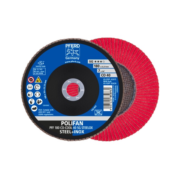 PFERD POLIFAN serrated lock washer PFF 180x22.23 mm flat CO-COOL 40 SG STEELOX steel - Abrasive tool made of abrasive on a base