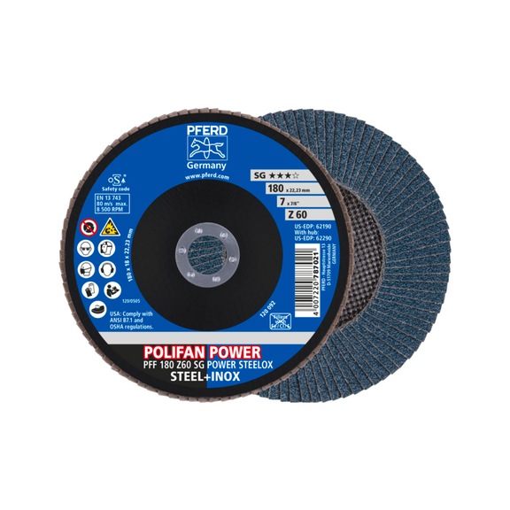 PFERD POLIFAN POWER serrated lock washer PFF 180x22.23 mm flat Z60 SG STEELOX steel - Abrasive tool made of abrasive on a base
