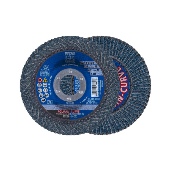 PFERD POLIFAN CURVE serrated lock washer PFR 115x22.23mm width M Z40 SGP STEELOX steel - Abrasive tool made of abrasive on a base