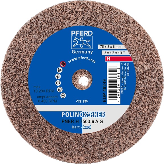 PFERD POLINOX verpresstes Vlies-Rad PNER 75x3 mm Bohrung 6 mm Hart A Grob - Vlies-Schleifscheibe