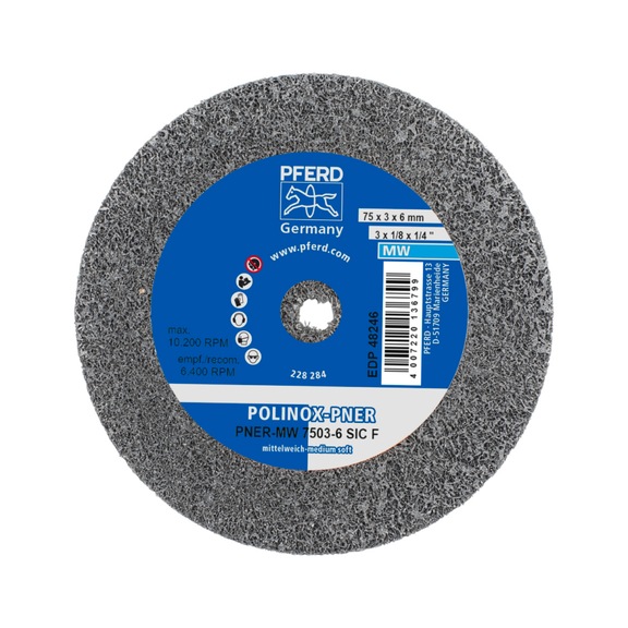 PFERD POLINOX verpresstes Vlies-Rad PNER Durchmesser 75x3mm Bohrung 6mm weich - Vlies-Schleifscheibe