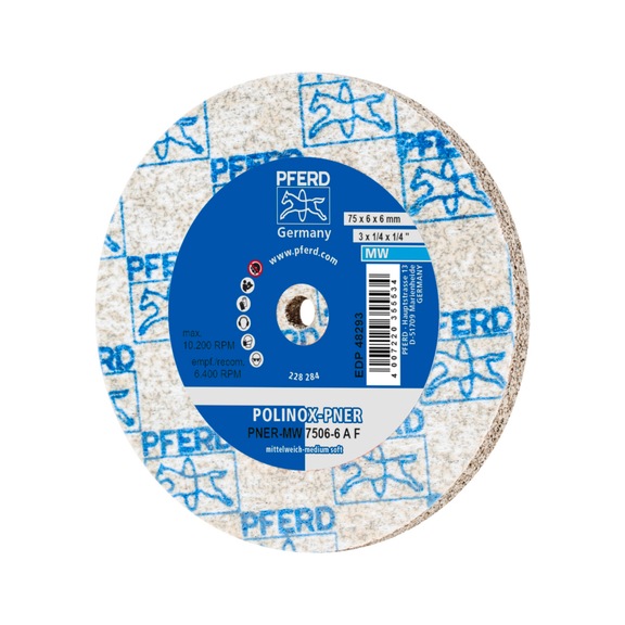 PFERD POLINOX verpresstes Vlies-Rad PNER Durchmesser 75x6 mm Bohrung 6 mm weich - Vlies-Schleifscheibe