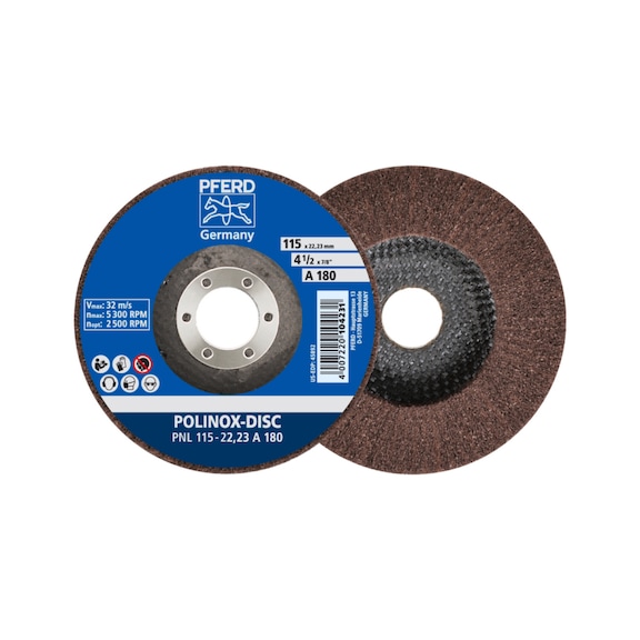 PFERD POLINOX Vlies-Schleifdisc PNL Durchmesser 115 mm Bohrung-D 22,23 mm A180 - Schleifwerkzeug aus Schleifmittel auf Unterlage