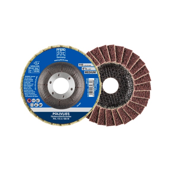 PFERD POLIVLIES flap disc PVL corundum diameter 115mm bore 22.23mm A180M - Abrasive tool made of abrasive on a base