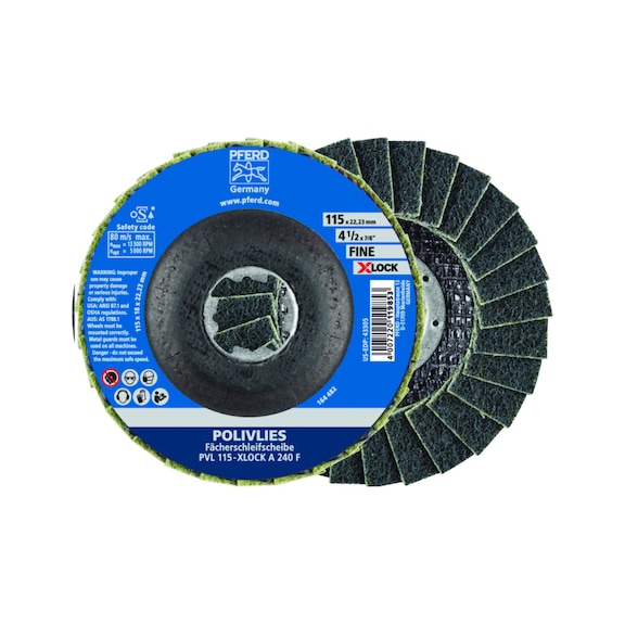 PFERD POLIVLIES serrated lock washer PVL corundum 115 mm bore 22.23 mm/X-LOCK A240F - Abrasive tool made of abrasive on a base
