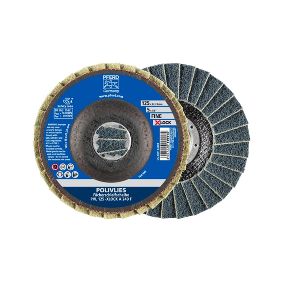 PFERD POLIVLIES-Fächerscheibe PVL Korund 125 mm Bohrung 22,23 mm/X-LOCK A240F - Schleifwerkzeug aus Schleifmittel auf Unterlage