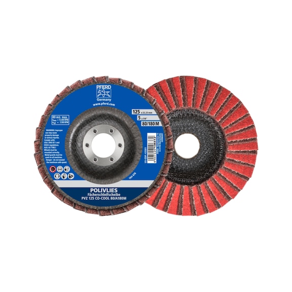 PFERD POLIVLIES-Fächerscheibe PVZ Keramik 115mm Bohrung 22,23mm CO-COOL60/A100 G - Schleifwerkzeug aus Schleifmittel auf Unterlage
