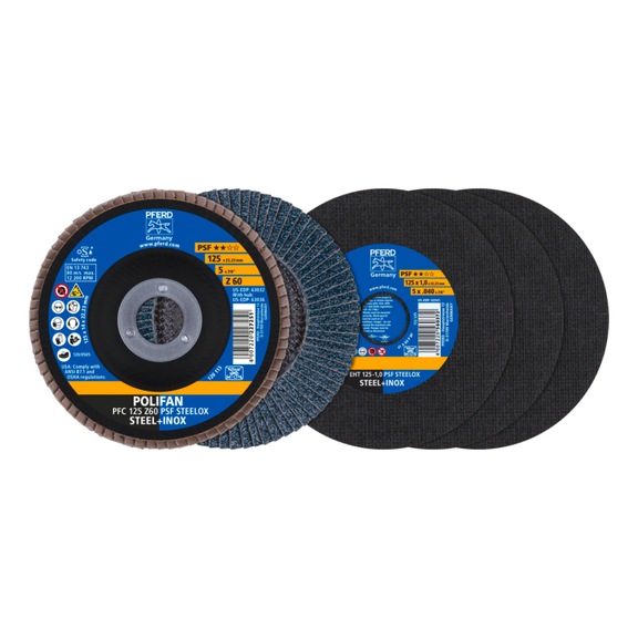 PFERD cut-off / flap disc set 125 line PSF STEELOX EHT 1.0/PFC Z60 4-piece set - Abrasives, abrasive media (other)