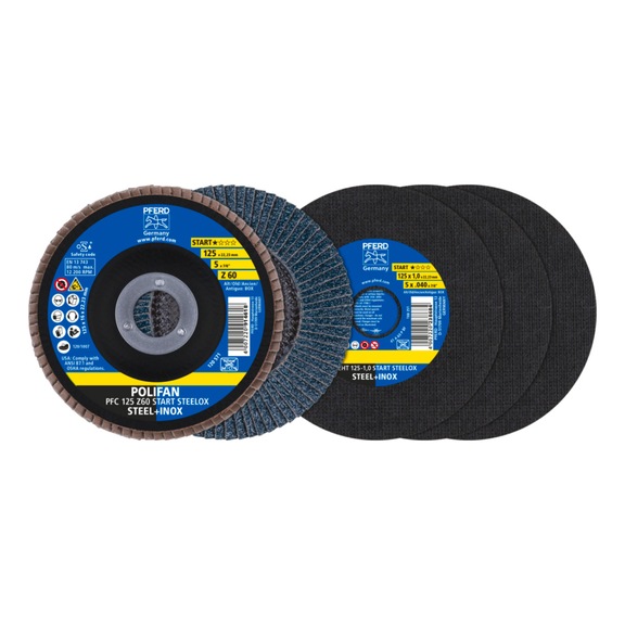 PFERD cut-off / flap disc set 125 line START STEELOX EHT 1.0/PFC Z60 4-piece set - Abrasives, abrasive media (other)