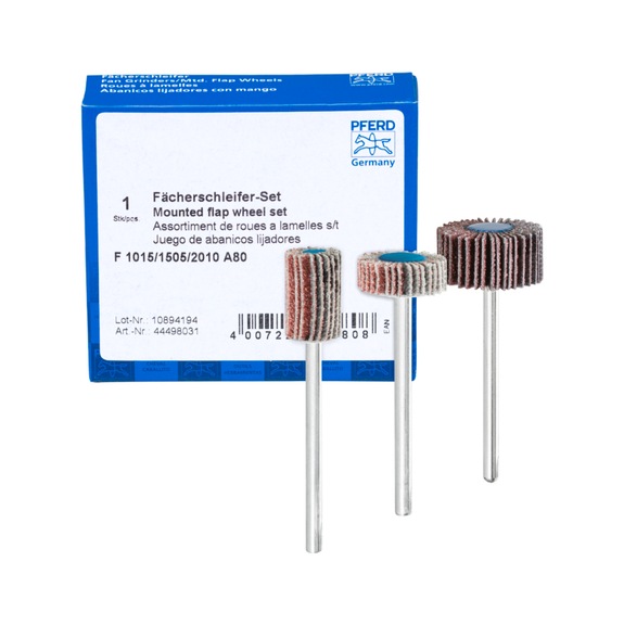 PFERD flap disc set corundum A 80 diameter 10x15, 15x5, 20x10mm 3-piece set - Fan sander