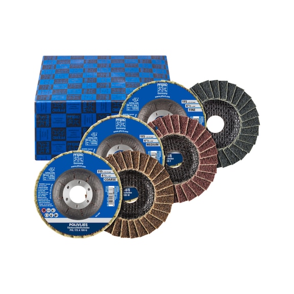 PFERD POLIVLIES-Fächerscheibenset PVL Korund 115mm Bohrung 22,23 A100,180,280 15 - Schleifwerkzeug aus Schleifmittel auf Unterlage