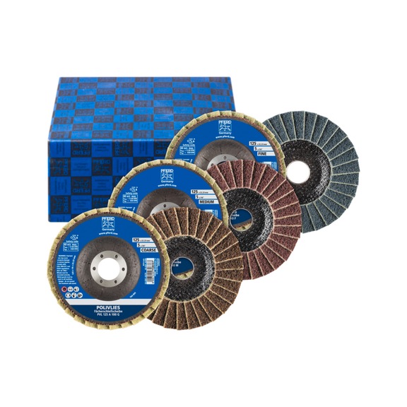 PFERD POLIVLIES serrated lock washers set PVL 3-piece corundum 125 mm bore 22.23 mm - Abrasive tool made of abrasive on a base