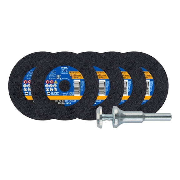 PFERD Kit 5x Trennscheiben EHT 76x1,0x10 mm gerade PSF STEELOX 1x Aufspannbolzen - Trennschleifscheibe