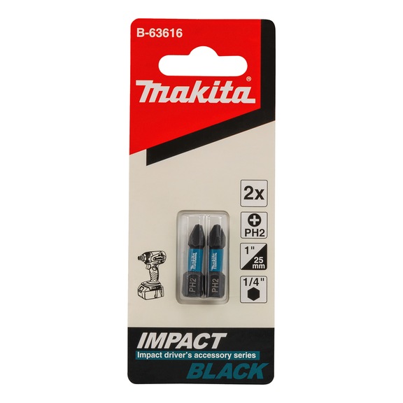 MAKITA Bit PH2 Impact Black PH2 2 pieces Length 25 mm B-63616 - PH bits for Phillips screws