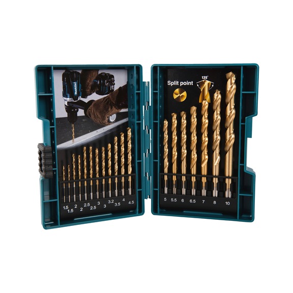 MAKITA metal drill HSS TiN set diameter 1.5 - 10mm 19-piece B-67795 - Metal drill HSS G TiN round shank