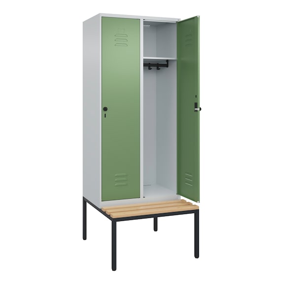 C+P Classic PLUS locker, bench, 2 compartments, 2120x800x815 mm, RAL 7035/6011 - Classic PLUS locker