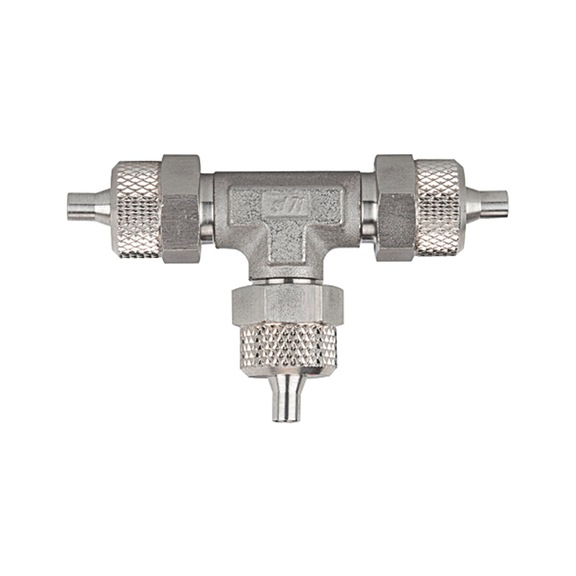 T-connector stainless steel 1.4571 110687 - Quick-lock with cap nut (pneumatics)
