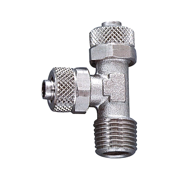 L-screw-in fitting external thread conical nickel-plated brass 110635 - Quick-lock with cap nut (pneumatics)