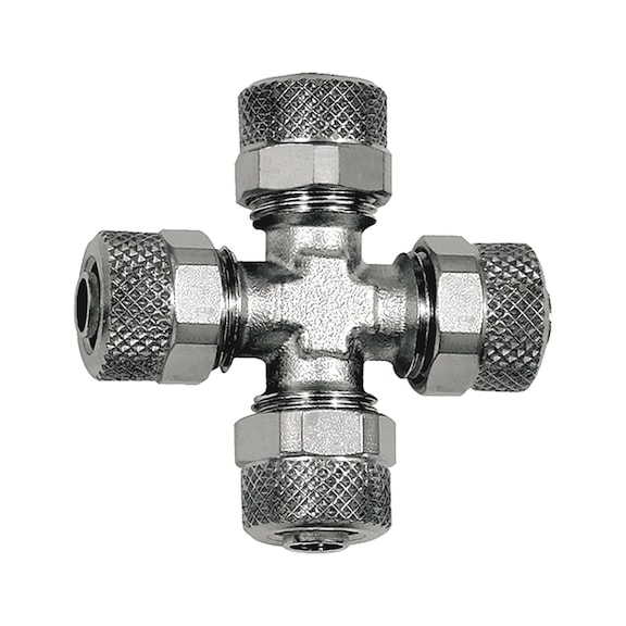 Nickel-plated brass cross connection 110637 - Quick-lock with cap nut (pneumatics)