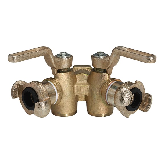 Doppelkükenhahn mit 2 Kupplungsabgängen Hebelanschlag Entlüftung 107894 - Mehrwegekegelhahn