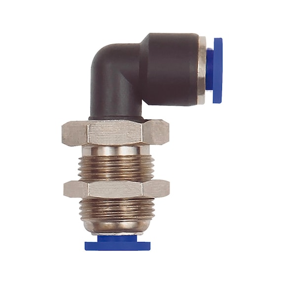 L-Schott-Steckverbindung Blaue Serie mini Kunststoff Messing vernickelt 109090 - Schottverschraubung, Schottverbindung (Pneumatik)