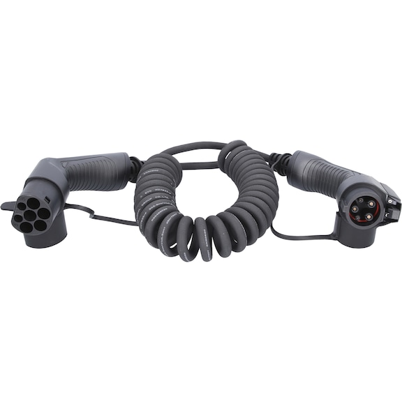 Spiral charging cable type 2 to type 1, 1 phase, max. 3.7 kW, 16 A, 230 V, 5 m - Charging cable/adapter