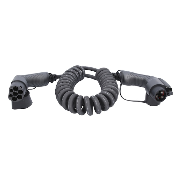 Spiral charging cable type 2 to type 1, 1 phase, max. 7.4 kW, 32 A, 230 V, 5 m - Charging cable/adapter