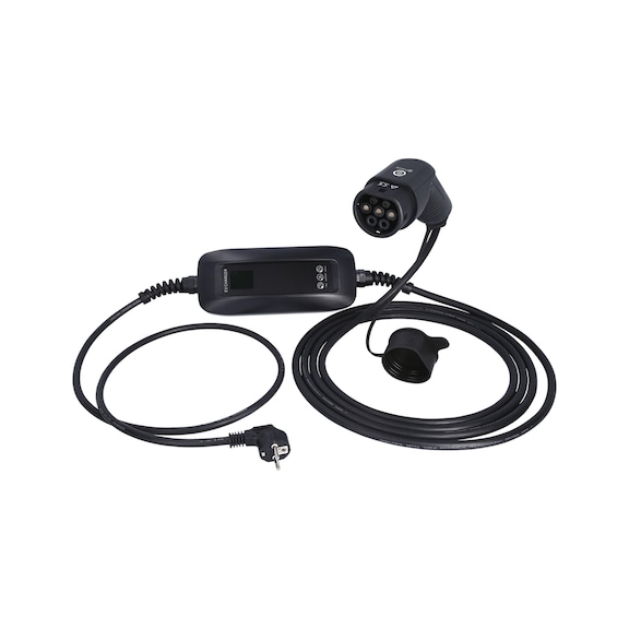 Mobile charging station with Type 2 charging cable, 1 phase, max. 3.7 kW, max. 16 A, 230 V, LCD, grounding contact. - Charging cable/adapter