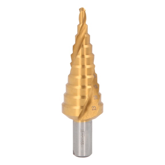 HSS-TiN step drill, D: 4-22 mm, 10 steps - HSS-TiN step drill