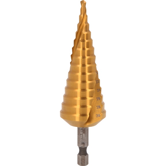 1/4 inch HSS-TiN step drill bit, D: 4-30 mm, 14 steps - 1/4 inch HSS TiN step drill bit