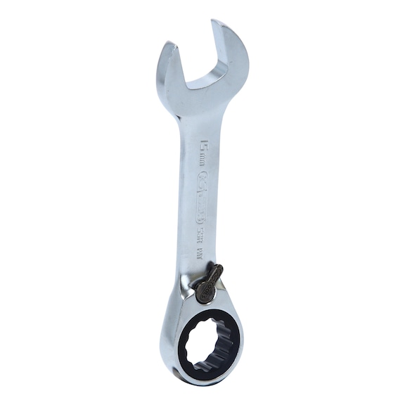GEARplus ratchet ring spanner, short, 15 mm on hanger - GEARplus ratchet combination spanner, short