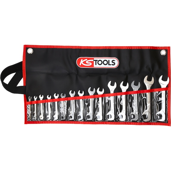 Double open-end wrench set, 15 degrees, 75 degrees, 15-piece, 3.2-17 mm - Double-ended spanner set