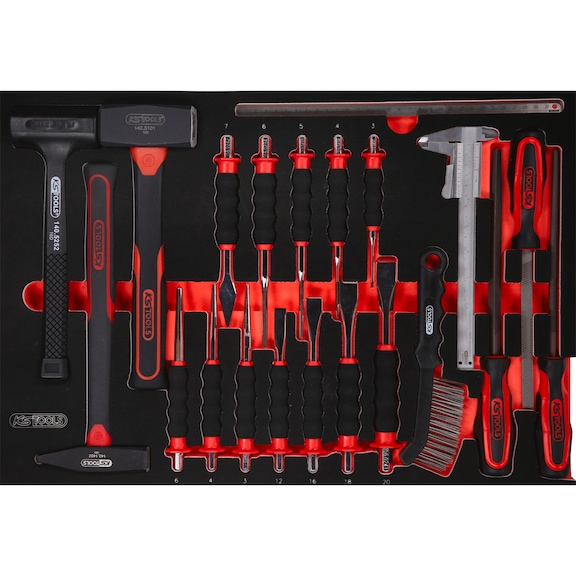 Hammer/chisel/and file set in foam insert, 21-piece - Tool assortment