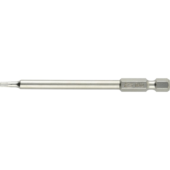1/4 inch TX bit T10, 89 mm long, with hole - 1/4 inch Torx bit with hole