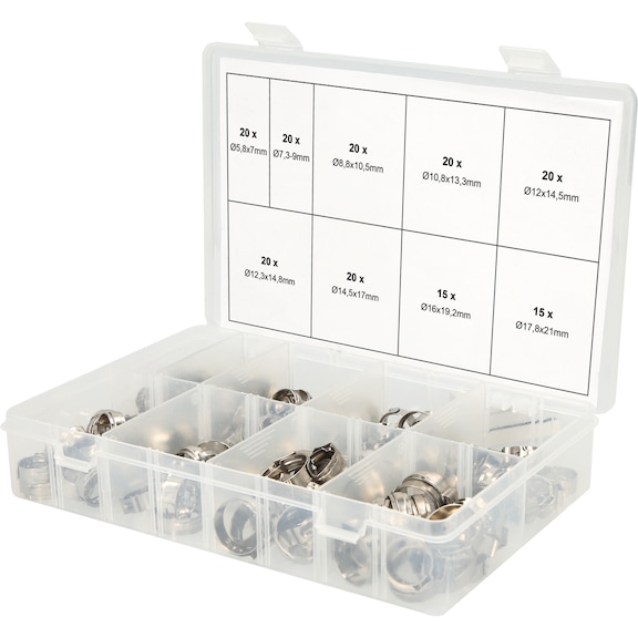 Assortment of infinitely adjustable 1-ear hose clamps, D: 5.8-21 mm, 170 pieces - Hand tool assortment, hand tool set (other)