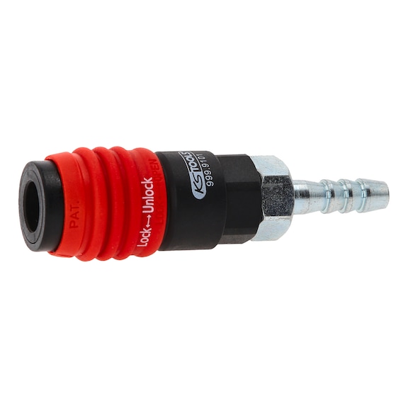 KS TOOLS 3-in-1 universal compressed air safety coupling, 9 mm with hose nozzle - 3-in-1 universal compressed air safety coupling
