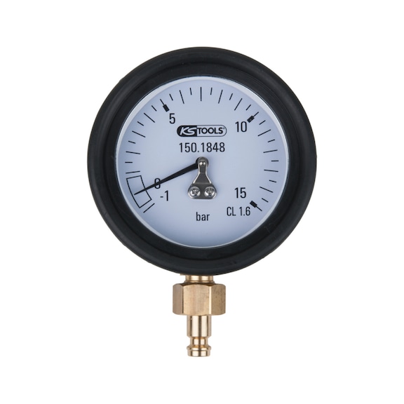 Pressure gauge 1.0 - 15.0 bar incl. connection nipple and protective cap - Plug nipple (compressed air tool accessory)