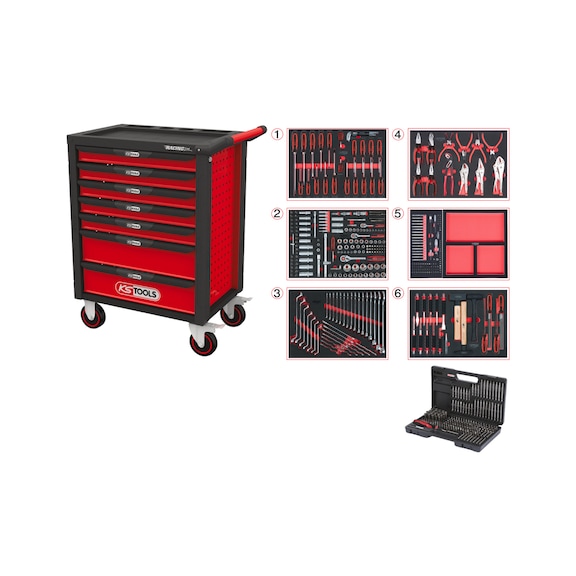 BLACK/RED workshop trolley with 7 drawers and 598 premium tools - RACINGline workshop trolley
