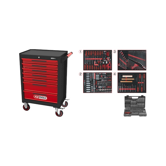 ECOline BLACK/RED workshop trolley with 7 drawers and 515 premium tools - ECOline workshop trolley