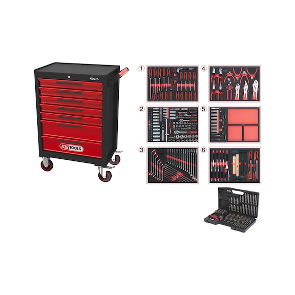 KS TOOLS ECOline BLACK/RED workshop trolley with 7 drawers and 598 premium tools - ECOline workshop trolley