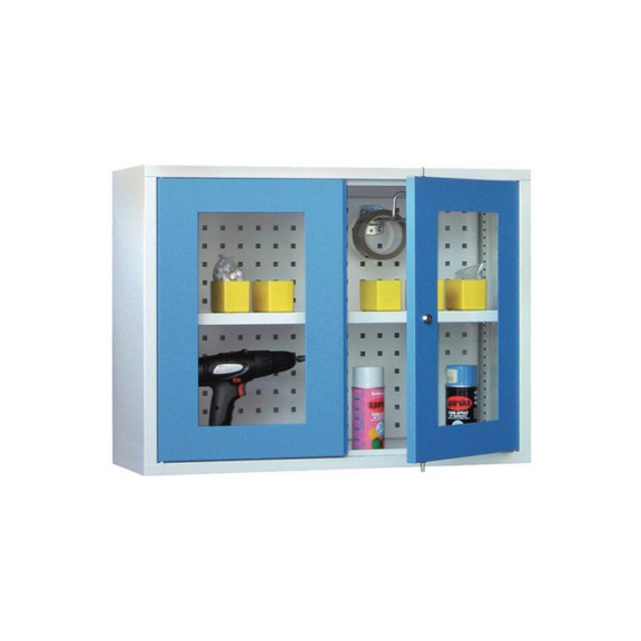 Wandhängeschrank Breite 800 mm, 2 Sichtfenstertüren, 1 Fachboden, Lochblech-Wand - Betriebsausstattung, Werkstatteinrichtung (Sonstiges)