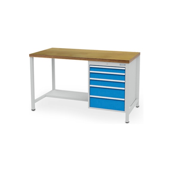 Box-type workbench width 1500 mm, R18-24, 5 drawers, steel shelf half depth - Workbench (workshop)
