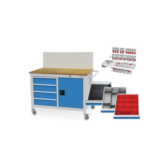 Mobile workbench depth 736 mm, R 18-24, including perforated plate, dividers, hooks - Workbench (system workplace, workshop, other)