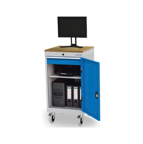 Mobile computer cabinet, depth 500 mm, 1 drawer, 1 shelf, 1 hinged door - Trans. trolley, roll. trolley (other)