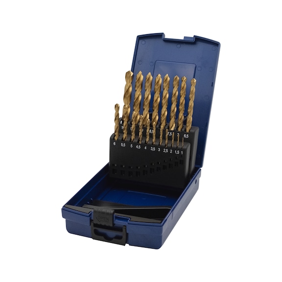 ORION twist drill set, HSS-TiN, DIN 338, 1.0–10.0&nbsp;mm/0.5&nbsp;mm, in metal box - Twist drill set in box, type N HSS-TiN