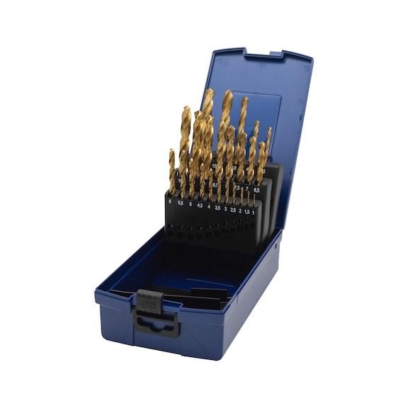ORION twist drill set, HSS-TiN, DIN 338, 1.0–10.5&nbsp;mm/0.5&nbsp;mm, in metal box - Twist drill set in box, type N HSS-TiN