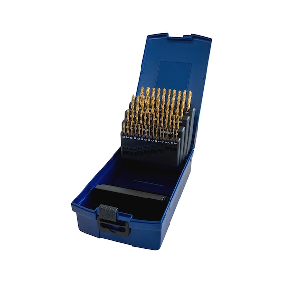 ORION jeu forets métal, HSS-TiN, DIN 338, 1,0-5,9&nbsp;mm/0,1&nbsp;mm, dans boîte métal - Jeu de forets métal dans une boîte, type N HSS-TiN