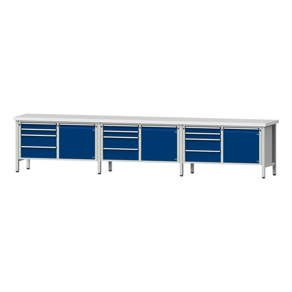 Box workbench V/T-BL 4050 mm, model 131 KSP 50 mm, RAL 7035/5010, 850x4050x700 - Cabinet workbench 6 blocks
