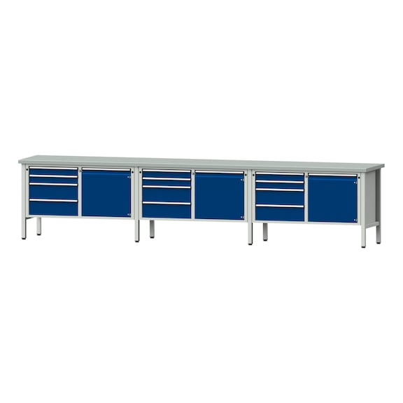 Box workbench V/T-BL 4050 mm, model 131 ZBP 40 mm, RAL 7035/5010, 890x4050x700 - Cabinet workbench 6 blocks