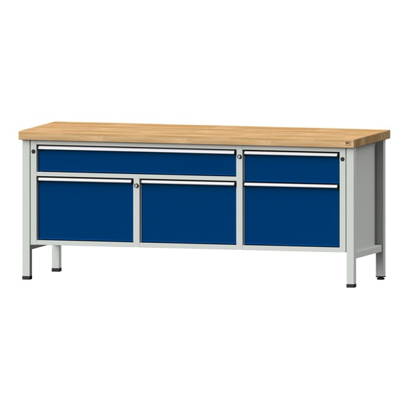 Box workbench 2000 4-part housing model 280 BMP 50 mm 7035/5010, 850 x 2000 x 700 - Cabinet workbench 3 blocks 2000 4-piece